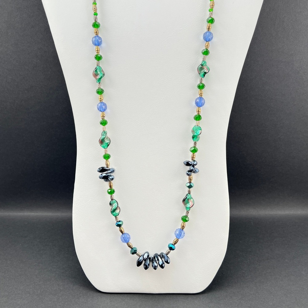 Boho Beaded Necklace Green Blue Black Art Glass Long 36"